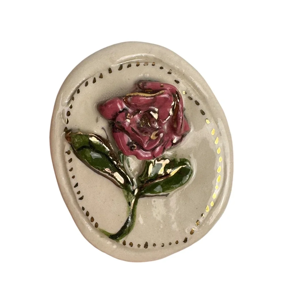 Rose Flower Pin Brooch‎ Handmade Ceramic Floral Lapel Pin Gold Accent 2.0